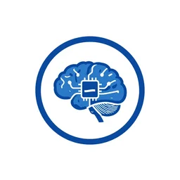 business logo depicting a brain with microchips and wires coming out of it, surrounded by a circular ring, blue logo on white background, award-winning, minimalist