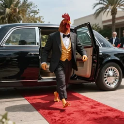 a wide shot from a low angle of a chicken dressed in a suit stepping out of a limo and onto a red carpet