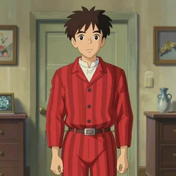 Joseph Gordon-Levitt wearing a 1920s red striped outfit, from scene from Twin Peaks by Michael Whelan, Bob Larkin and Tomer Hanuka, a solo individual portrait of, simple illustration, domestic, nostalgic, full of details, by Makoto Shinkai and thomas kinkade, Matte painting, trending on artstation and unreal engine