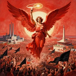 totalitarian democratic socialist angel rising phoenix, bird's eye view, vanguardist alternate timeline, red rising poster art, anarcho - communist heaven, black flags waving in the wind, revolutionary masses celebration, modernist factories in background, art by max ernst, cnt spanish civil war era propaganda, extremely detailed, 4 k