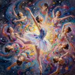 fantastic beautiful women ballet dancer into ultra high resolution hyperspace with myriads of details, luminosity, infinity variations of colours mass, mid shot, mark maggiori, jeff dekal, intricate details, hyperrealistic oil painting on canvas, deep depth field, hd, hdr, 4 k, 8 k