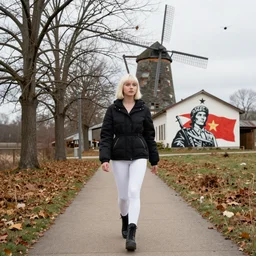 19-year-old Aristocratic platinum-blonde-haired hime-cut blue-eyed French empress wearing white leggings and black jacket, walking down sidewalk, October weather, trees, dead trees, mill, abandoned mill, drones, communist mural on wall, HD photograph
