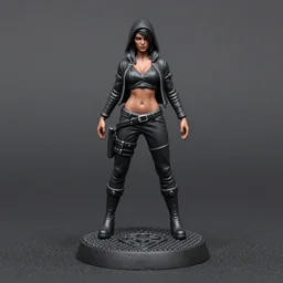 80mm resin detailed miniature of a assassin woman in black, full body, stomach, navel, boots, Logo, textured disc base; Product Introduction Photos, 4K, view from front