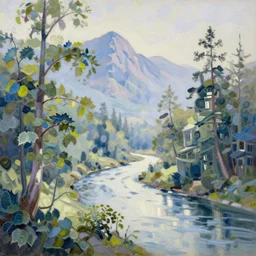 mountain, river, trees, calm, morning sky, cast shadows, amazing impressionistic oil painting by alexi zaitsev, melinda matyas, denis sarazhin, karl spitzweg, intricate details, fractal leaves, tall windows, high quality, brush strokes, award winning, sharp focus, cool white