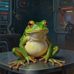 oil painting of a a an anthropometric frog sits at a table in a cyberpunk room, art by anders zorn, wonderful masterpiece by greg rutkowski, beautiful cinematic light, american romanticism by greg manchess, jessica rossier and norman rockwell