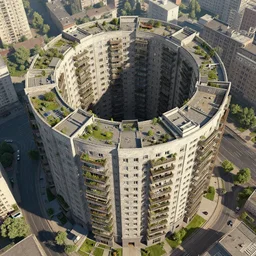 matte painting of the bird's eye view of circle shaped apartment building. garden balconies. brutalist soviet architecture. dynamic perspective. urban, detailed digital art trending in artstation