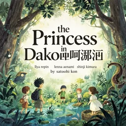1 page of the picture book the princess in dark demoniac evil swamp, large and impressive title logo. by satoshi kon, ilya repin, lena aenami, shinji kimura