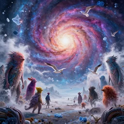 strange creatures wandering The Grove!!!!!, And the flung spray and the blown spume and the seagulls crying!!, An Odyssey Beyond Reality, cinematic, hyper realism, high detail, octane render, unreal engine, 8k, vibrant color, from the spirals of galaxies to the hexagonal shapes of snow crystals!!!!, a desolate alien world full of rich colors!!!, unique architecture!, by andrea chiampo and chet zar