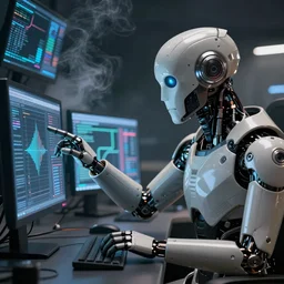 a matte painting of a cyborg touching a computer screen, cyberpunk, surrounded by smoke, award-winning art, highly creative, hyperrealistic, highly-detailed, by Sam Spratt, by Vlad Rodriguez, computer screens in the background, trending on Artstation, dark, dramatic, cinematic, realistic studio lighting, realistic reflections, 4k, professional, canon