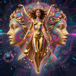 full body Zendaya by Jean-Baptiste Carpeaux and Luo Li Rong and Michael James Talbot as goddess, golden, all body, floating in space. perfect symmetrical face, colorful, psychedelic colors, fractals, fresh rainbow bodypainting, synthwave, in full growth, elegant, realistic, 8K, female full-skin figure, hyperrealism, subsurface scattering, raytracing, rim light, Octane Render, Redshift, Zbrush, Alex Grey, mandelbulb 3d, Zdzisław Beksiński, complex psychedelic glitch background