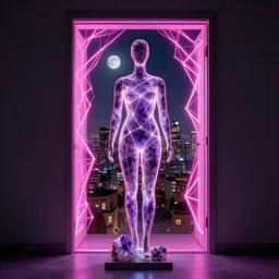 beautiful mannequin sculpted out of amethyst by billelis + lit with 3 d geometric neon + facing a doorway opening with neon pink geometric fractal light + city of los angeles + moon in background!, rule of thirds, clean linework, dramatic, award winning, 4 k, trending on artstation, photorealistic, volumetric lighting, octane render