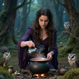 A young , beautiful , brunette witch , making a potion at her cauldron , in a little hut in the depth of a magical forest with her owl - hyper-realistic, digital art