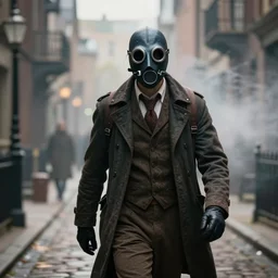 a photography of man wearing plague doctor mask and clothes walks through a Victorian city, photo-realistic, dramatic light, bokeh effect, volumetric fog, ultra detailed, realistic, 8k