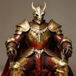 portrait the great muscular knight dark souls in golden red armor made of polished dragon bones looks relaxed, victorian era