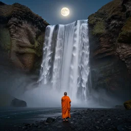 dang ngo, annie leibovitz, steve mccurry, a simply breathtaking shot of mediating monk in orange, giantic waterfall, bright moonlight, golden ratio, wide shot, symmetrical