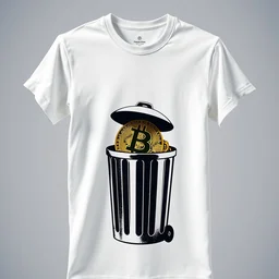 a photo of a white t - shirt with the picture of a bitcoin in a trash can on it, product photo, photorealism, contrast lighting, front lit