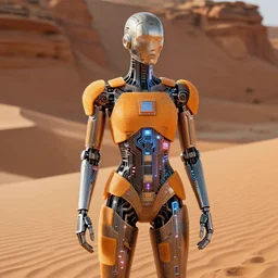 humanoid wearing electric circuits, nanometer design, silicone wafers, asml, microchips, autumn, haute couture, editorial photoshoot, futuristic, robotic, fashion photography, cinematic lightning, sand dunes