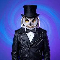 background pastel, swirling kobalt blue and rich purple, owl wearing black biker jacket, portrait photo, backlit, studio photo, suit, bow tie, tophat, tophat