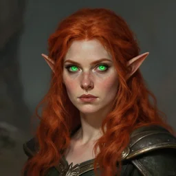medium - length portrait of a female elf warlock with glowing green eyes, bushy red hair, freckles, medieval setting, highly detailed, digital painting, artstation, concept art, sharp focus, illustration, art by greg rutkowski and artgerm