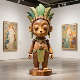 3 d octane render ultra photorealistic 8 k hyper detailed high quality image, a very very cute wooden mystical statue robot of the african mask godess vegetal cyberpunk in a contemporary art gallery in neo tokyo artwork line art by alphonse mucha
