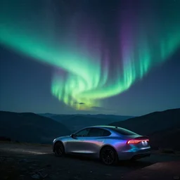 car on a mountain. background is epic sky at night with northern lights. photorealistic. iridescent.