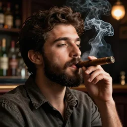 a boy with a beard and mustache smoking a cigar in a bar