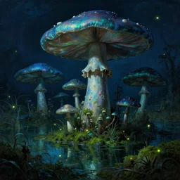 a close - up rococo portrait of a futuristic iridescent mushroom village standing in water, moss, and swamp. fireflies night time. rich blue and deep emerald colors, high contrast. gloomy, highly detailed 1 8 th century sci - fi fantasy masterpiece painting by syd mead, moebius, and johfra bosschart. artstation