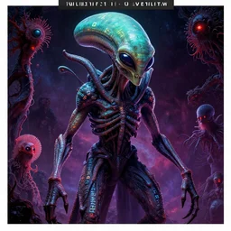 a cosmic alien monster with embedded symbols hyperrealism, digital vision of acid colors raytracing, global illumination , award winning works by H. R. Giger, Ernst Haeckel, Beto Val, Simon Holmedal, Silent Hill :: H.P. Lovecraft, Art and Monsters ,high quality printing, fine art with subtle redshift rendering
