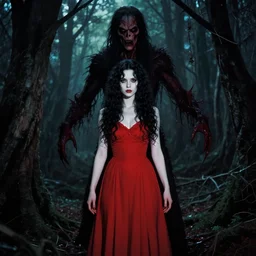 artgerm, rumiko takahashi, full body, pretty alyson hannigan, evil dead demon, evil dead movie, red dress, symmetrical eyes, symmetrical face, long curly black hair, trees, forest, branches, cinematic lighting, evil dead creature, scary, blood