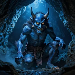Japanese demon in a blue cave , by Greg Rutkowski , 8k, photorealistic, cinematic lighting, HD, high details, dramatic, atmospheric , trending on artstation
