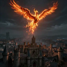 flaming phoenix flying overhead on top of a medieval city, concept art, highly detailed, dark colour, tense atmosphere, 8 k