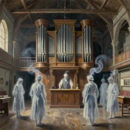 interior, pipe organ factory floor with ghostly workers, fantasy, medieval, ghostly smoke, highly detailed, Artstation, oil on canvas painting by Canaletto and alan lee and john howe