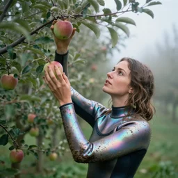 a closeup portrait of a woman wearing a muddy iridescent holographic wetsuit, picking apples from a tree in an orchard, foggy, moody, photograph, by vincent desiderio, canon eos c 3 0 0, ƒ 1. 8, 3 5 mm, 8 k, medium - format print