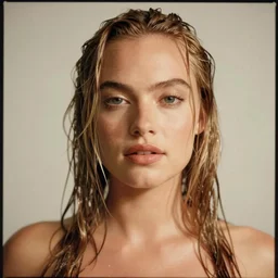 Margot Robbie with wet hair, soft lighting, sharp details, warm colors, studio portrait, 35 mm film