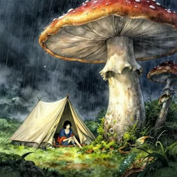 a beautiful fantasy woman makes camp under a large mushroom, moss, dewdrops, rainstorm, watercolor, dramatic lighting, cinematic, establishing shot, extremely high detail, foto realistic, cinematic lighting, pen and ink, intricate line drawings, by Yoshitaka Amano, Ruan Jia, Kentaro Miura, Artgerm, post processed, concept art, artstation, matte painting, style by eddie mendoza, raphael lacoste, alex ross,