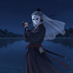 vanishing point, in the distance combat posture oriental female swordsman wearing mask veil on night lake, art by artgerm and greg rutkowski guweiz, backlight, high contrast, splash painting ， highly detailed, digital painting, trending on artstation, concept art, sharp focus, illustration