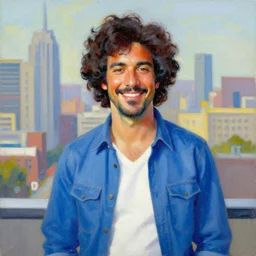 a bob ross painting of a city