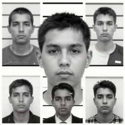 identikit picture composite mugshot of a criminal, very contrasted b & w, low detail, wanted, by jesse kanda