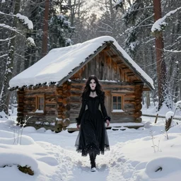 snowy forest, log cabin, goth girl walking through snow, art by thomas kinkade