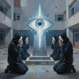 hooded disciples in masks praying to an electric eye monument in a brutalist courtyard, lowbrow surrealism, oil on canvas