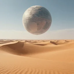 Wide long shot epic desert dune scenery, on the distant horizon hovers a colossal technologically detailed futuristic sphere, sharp focus, illustration, by Stéphane Bourez, László Szabados