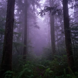 foggy rain forest with purple fog
