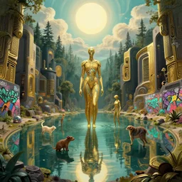 photorealistic hd ealistic arthouse solarpunk cyberpunk cyborg and animal in the funny big lake the sky sun beautiful clouds at the forests, graffiti ont the wall, style futuriste brutalism, symmetrical details gold and black turquoise octane render excellent composition by alphonse mucha