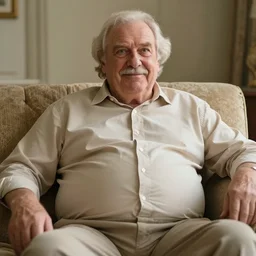 natural wide picture of older handsome lord richard. he is sitting gracefully on a sofa, his eyes look wise, happy wise. oh he is a human by the way, wear's beige shirt, has firm skin and big bouncy belly
