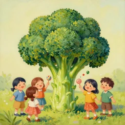 a beautiful portrait painting of a a celestial broccoli handing out candy to smiling kids