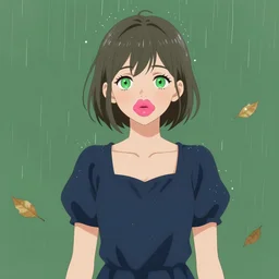 a illustration of a white woman with puffy lips, short hair, green eyes on a green background, the rain is falling along with dried leaves, she is using a navy blue dress, trending on pixiv