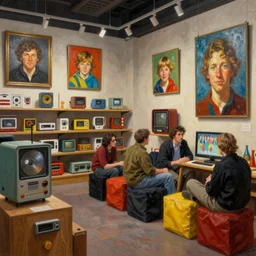 cozy 1 9 9 0 s new york barnes and noble kids section. vantablack cloth technology, vintage shapes, retro technology, happy colors dariusz zawadzki, tim hildebrandt, wayne barlow, bruce pennington, larry elmore, oil on canvas, deep depth field, masterpiece, cinematic composition. dramatic zoom, hyperdetailed, hd, hdr