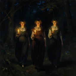 darkness, beautiful young ladies holding candles walking through the dark woods in the night art by anders zorn, wonderful masterpiece by greg rutkowski, beautiful cinematic light, american romanticism thomas lawrence, greg rutkowski