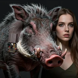 warthog mixed with a beauty woman,  detailed face, very detailed, dramatic lighting, electrical details, high details, 4k, 8k, trending on artstation, by Greg Rutkowski, Wayne Barlowe, Hajime Sorayama and Boris Vallejo