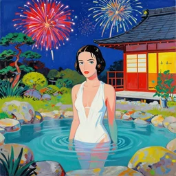 princess leia in hot springs next to a traditional japanese house and garden, fireworks in the sky, by andy warhol, by roy liechtestein, canvas, acrylic paint, saturated, ultra - hd